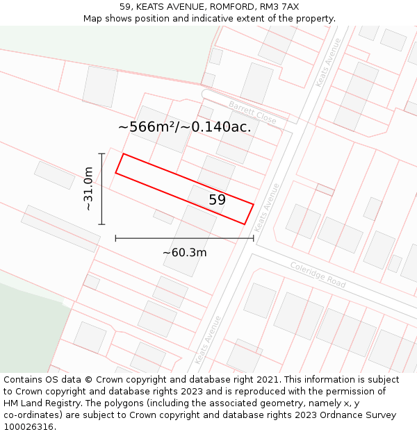 59, KEATS AVENUE, ROMFORD, RM3 7AX: Plot and title map