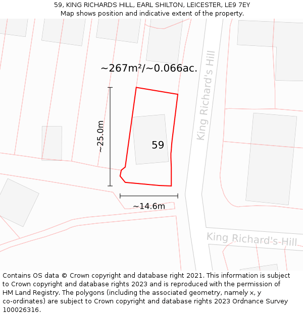 59, KING RICHARDS HILL, EARL SHILTON, LEICESTER, LE9 7EY: Plot and title map