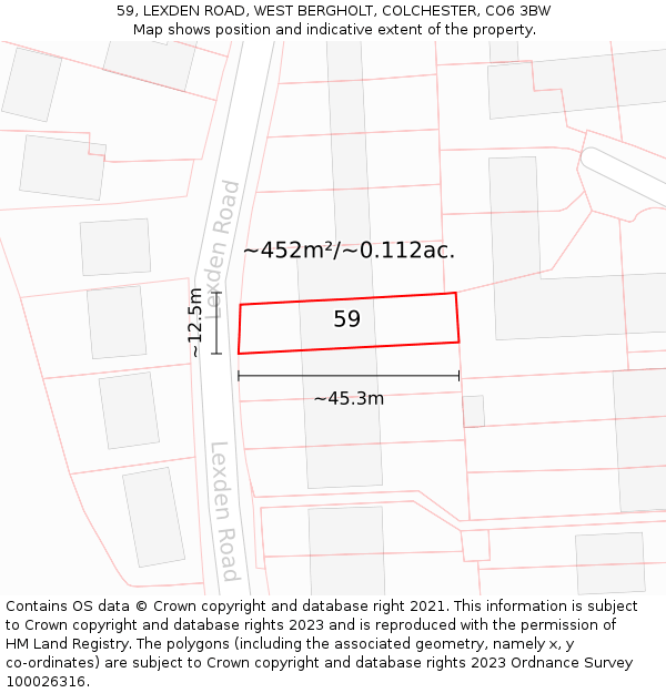 59, LEXDEN ROAD, WEST BERGHOLT, COLCHESTER, CO6 3BW: Plot and title map