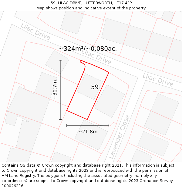 59, LILAC DRIVE, LUTTERWORTH, LE17 4FP: Plot and title map