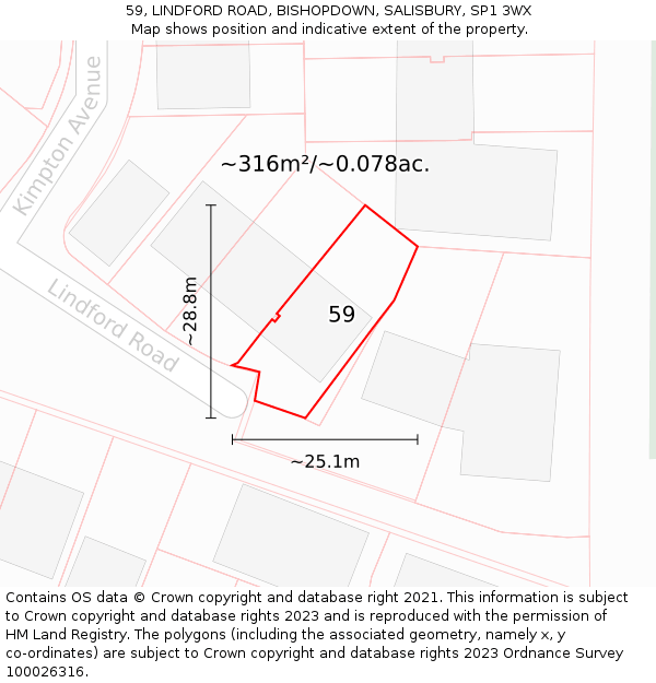 59, LINDFORD ROAD, BISHOPDOWN, SALISBURY, SP1 3WX: Plot and title map