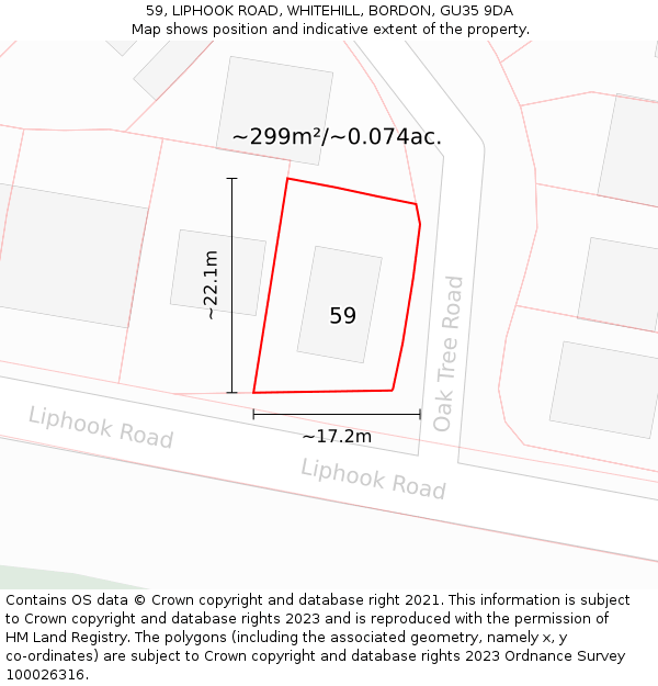 59, LIPHOOK ROAD, WHITEHILL, BORDON, GU35 9DA: Plot and title map