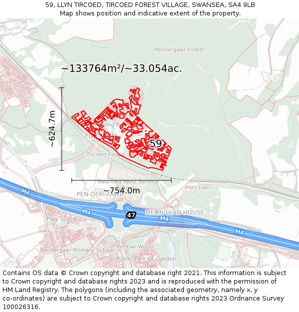 59, LLYN TIRCOED, TIRCOED FOREST VILLAGE, SWANSEA, SA4 9LB: Plot and title map