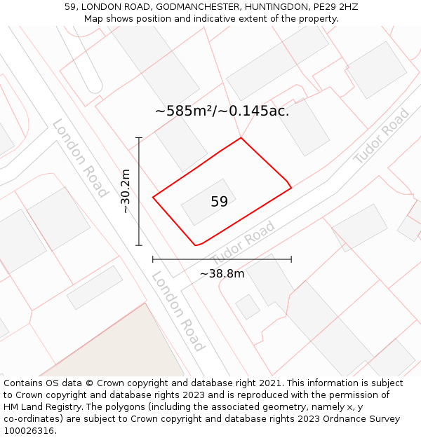 59, LONDON ROAD, GODMANCHESTER, HUNTINGDON, PE29 2HZ: Plot and title map