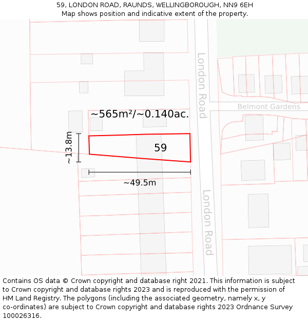 59, LONDON ROAD, RAUNDS, WELLINGBOROUGH, NN9 6EH: Plot and title map