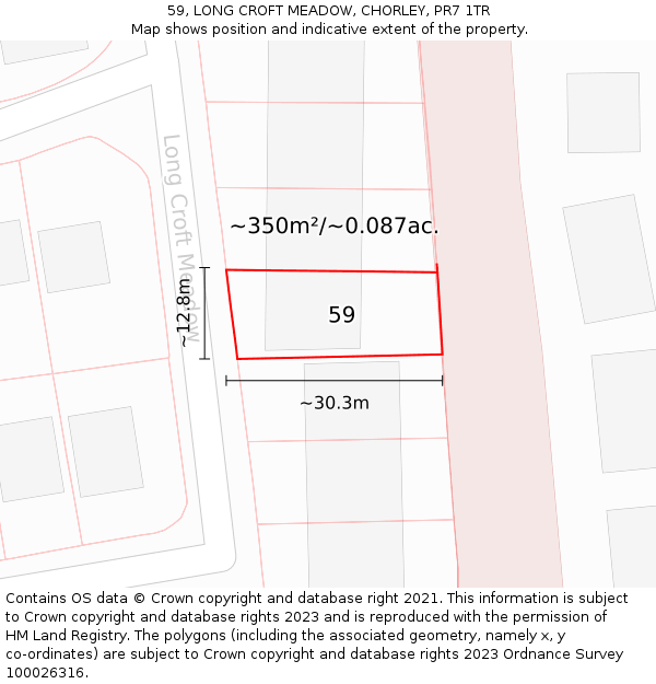 59, LONG CROFT MEADOW, CHORLEY, PR7 1TR: Plot and title map