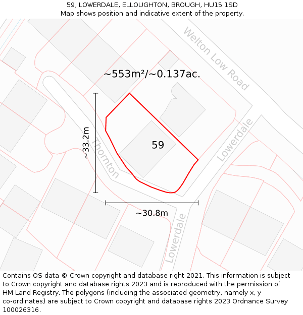 59, LOWERDALE, ELLOUGHTON, BROUGH, HU15 1SD: Plot and title map