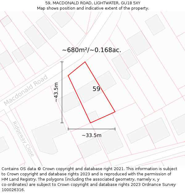 59, MACDONALD ROAD, LIGHTWATER, GU18 5XY: Plot and title map