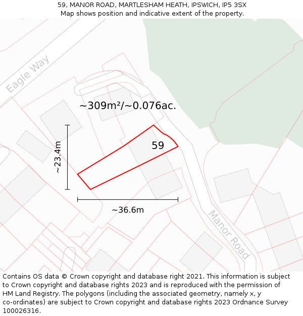 59, MANOR ROAD, MARTLESHAM HEATH, IPSWICH, IP5 3SX: Plot and title map