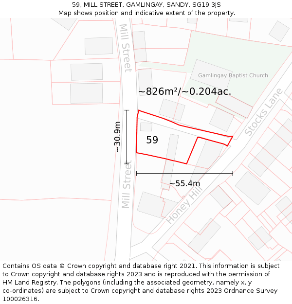 59, MILL STREET, GAMLINGAY, SANDY, SG19 3JS: Plot and title map