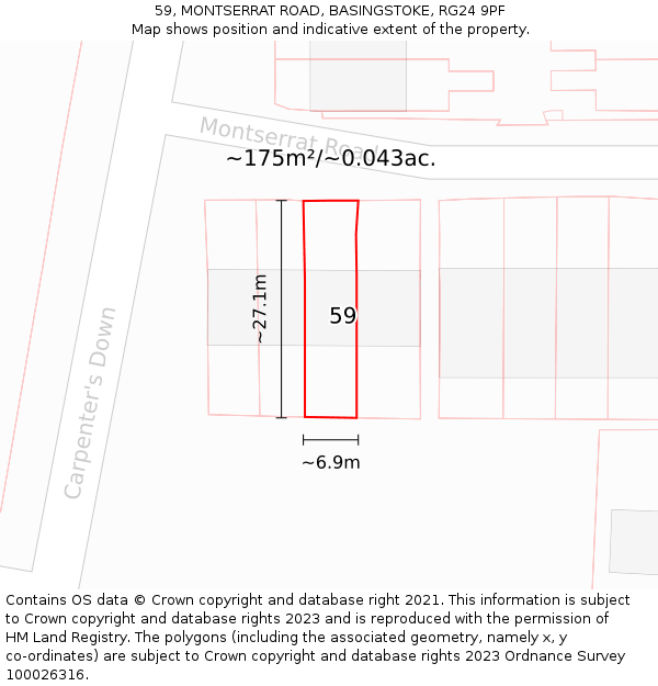 59, MONTSERRAT ROAD, BASINGSTOKE, RG24 9PF: Plot and title map