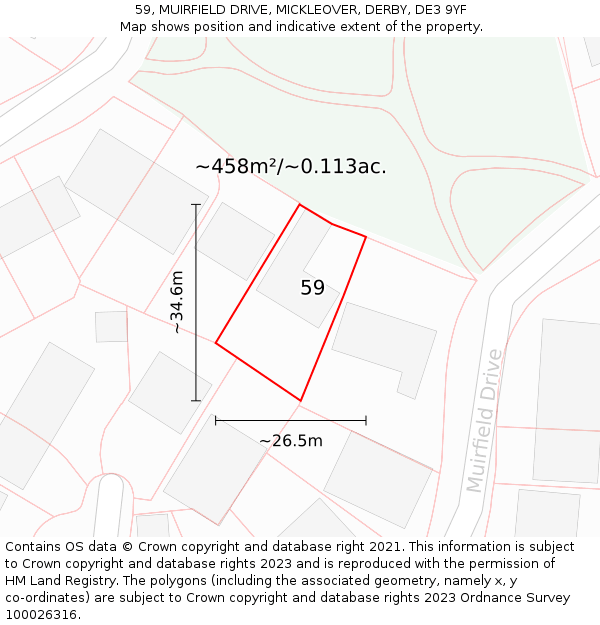 59, MUIRFIELD DRIVE, MICKLEOVER, DERBY, DE3 9YF: Plot and title map