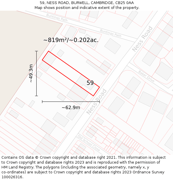 59, NESS ROAD, BURWELL, CAMBRIDGE, CB25 0AA: Plot and title map