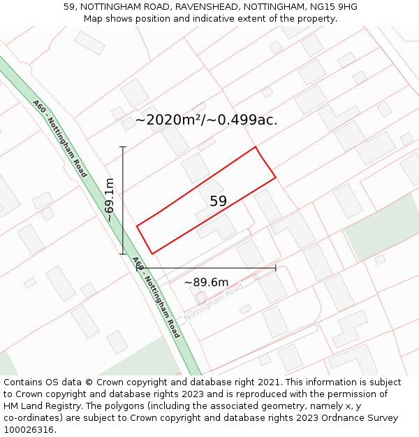 59, NOTTINGHAM ROAD, RAVENSHEAD, NOTTINGHAM, NG15 9HG: Plot and title map