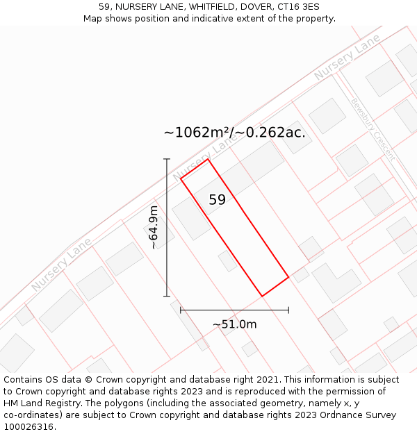 59, NURSERY LANE, WHITFIELD, DOVER, CT16 3ES: Plot and title map