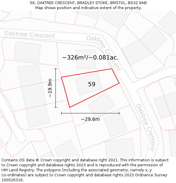 59, OAKTREE CRESCENT, BRADLEY STOKE, BRISTOL, BS32 9AB: Plot and title map