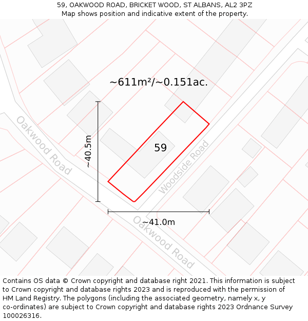 59, OAKWOOD ROAD, BRICKET WOOD, ST ALBANS, AL2 3PZ: Plot and title map