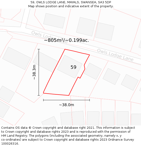 59, OWLS LODGE LANE, MAYALS, SWANSEA, SA3 5DP: Plot and title map