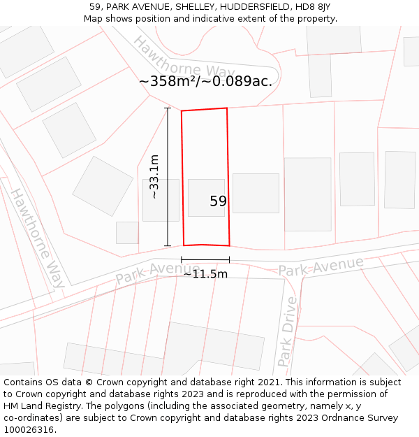 59, PARK AVENUE, SHELLEY, HUDDERSFIELD, HD8 8JY: Plot and title map