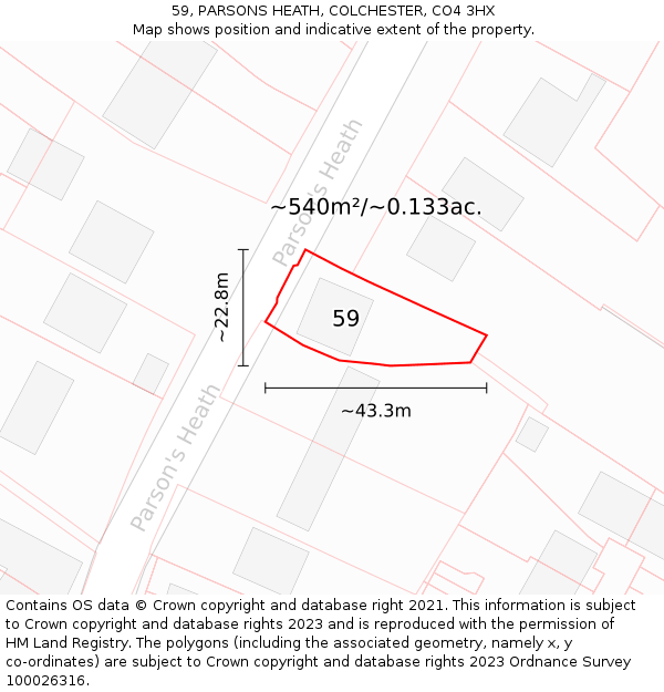 59, PARSONS HEATH, COLCHESTER, CO4 3HX: Plot and title map