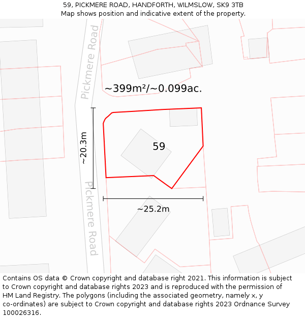 59, PICKMERE ROAD, HANDFORTH, WILMSLOW, SK9 3TB: Plot and title map