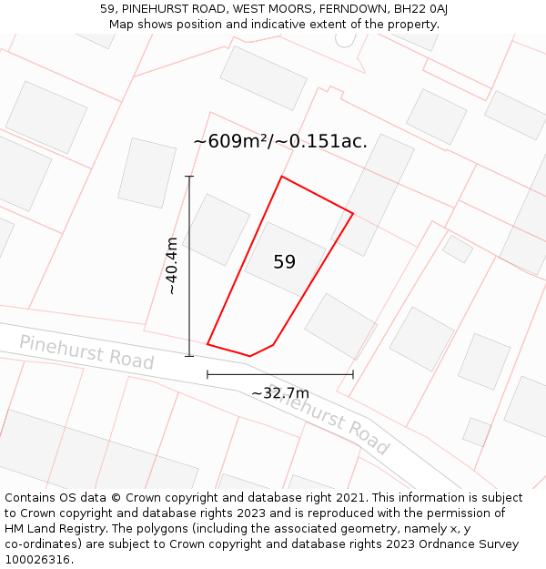 59, PINEHURST ROAD, WEST MOORS, FERNDOWN, BH22 0AJ: Plot and title map