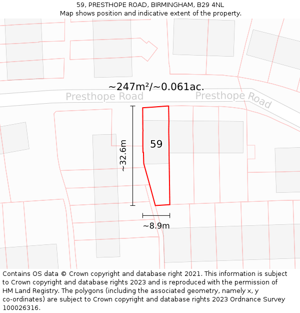 59, PRESTHOPE ROAD, BIRMINGHAM, B29 4NL: Plot and title map