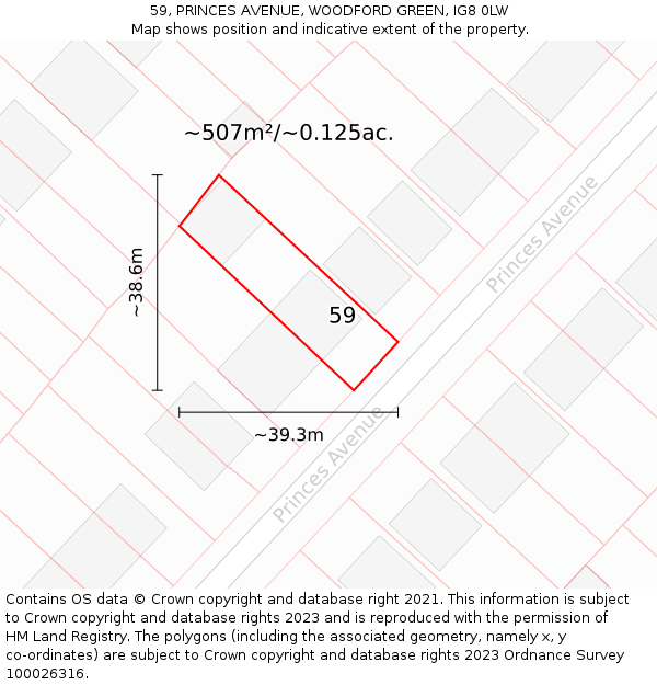 59, PRINCES AVENUE, WOODFORD GREEN, IG8 0LW: Plot and title map