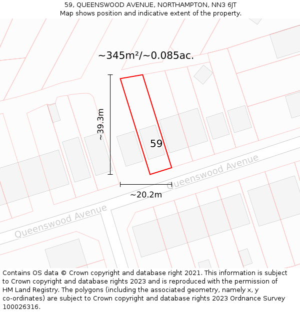 59, QUEENSWOOD AVENUE, NORTHAMPTON, NN3 6JT: Plot and title map