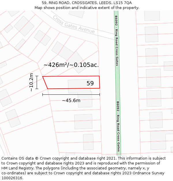 59, RING ROAD, CROSSGATES, LEEDS, LS15 7QA: Plot and title map