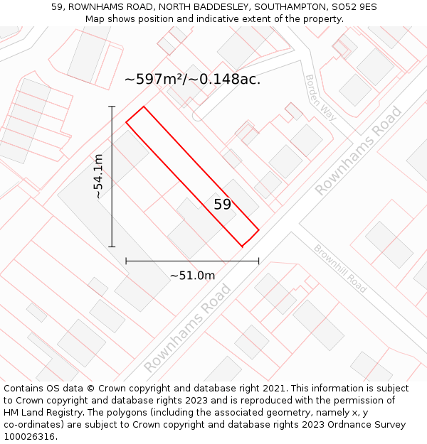 59, ROWNHAMS ROAD, NORTH BADDESLEY, SOUTHAMPTON, SO52 9ES: Plot and title map