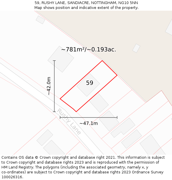 59, RUSHY LANE, SANDIACRE, NOTTINGHAM, NG10 5NN: Plot and title map