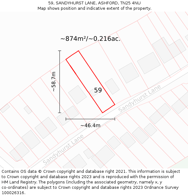 59, SANDYHURST LANE, ASHFORD, TN25 4NU: Plot and title map