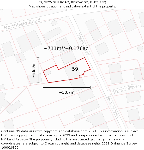 59, SEYMOUR ROAD, RINGWOOD, BH24 1SQ: Plot and title map