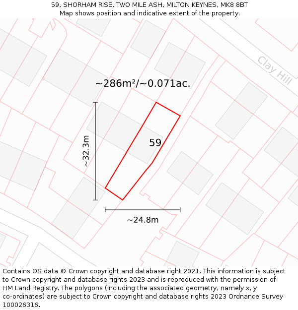 59, SHORHAM RISE, TWO MILE ASH, MILTON KEYNES, MK8 8BT: Plot and title map