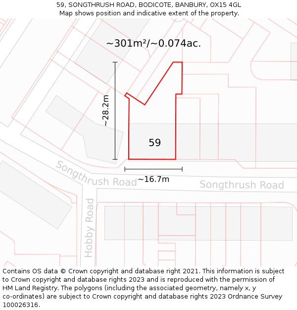 59, SONGTHRUSH ROAD, BODICOTE, BANBURY, OX15 4GL: Plot and title map