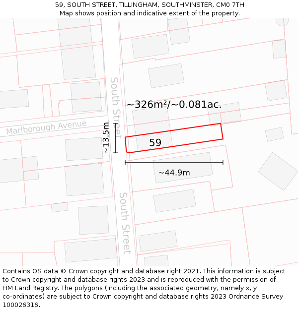 59, SOUTH STREET, TILLINGHAM, SOUTHMINSTER, CM0 7TH: Plot and title map