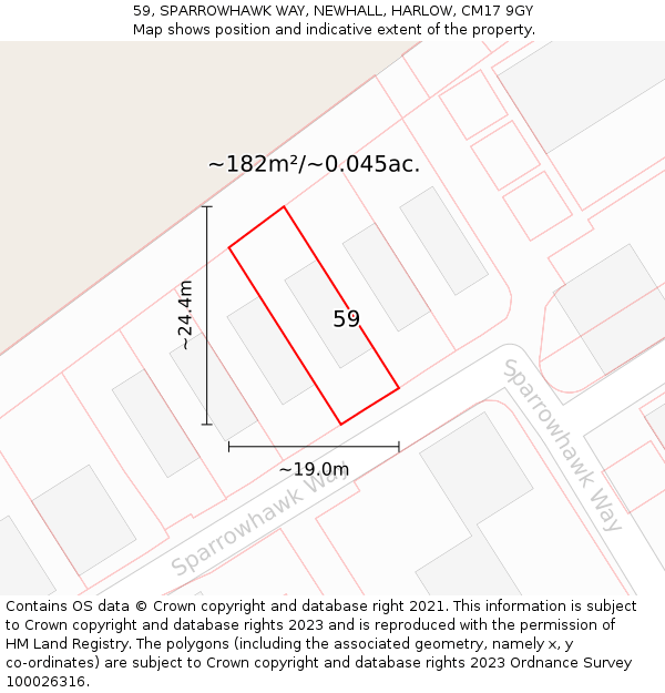 59, SPARROWHAWK WAY, NEWHALL, HARLOW, CM17 9GY: Plot and title map