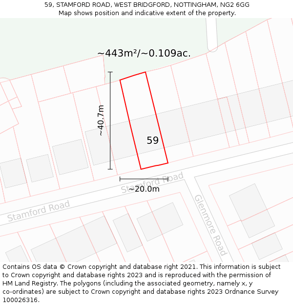 59, STAMFORD ROAD, WEST BRIDGFORD, NOTTINGHAM, NG2 6GG: Plot and title map