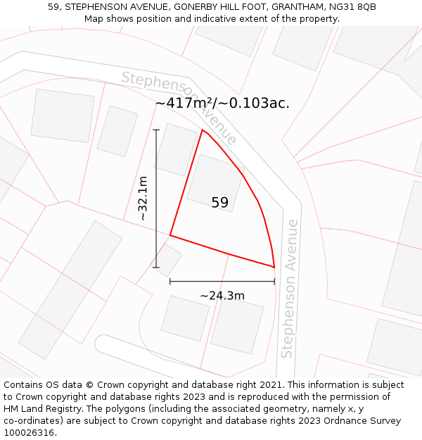 59, STEPHENSON AVENUE, GONERBY HILL FOOT, GRANTHAM, NG31 8QB: Plot and title map