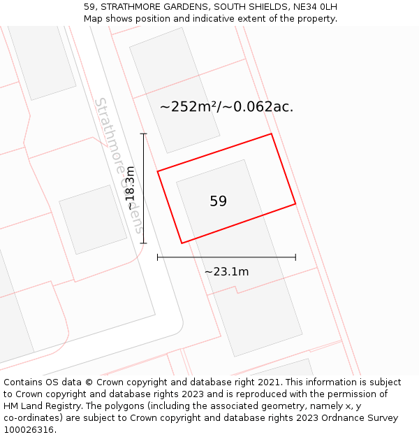 59, STRATHMORE GARDENS, SOUTH SHIELDS, NE34 0LH: Plot and title map