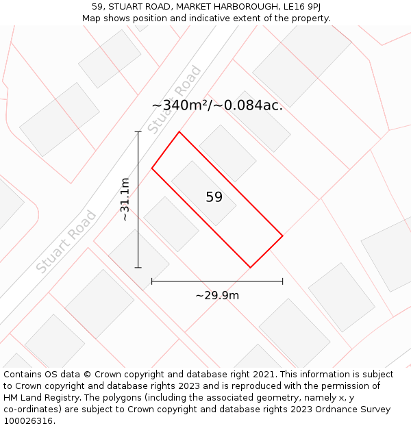 59, STUART ROAD, MARKET HARBOROUGH, LE16 9PJ: Plot and title map