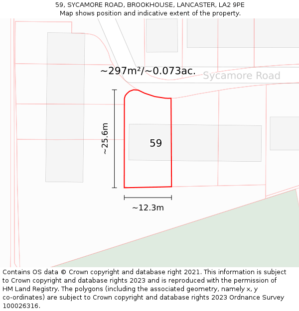 59, SYCAMORE ROAD, BROOKHOUSE, LANCASTER, LA2 9PE: Plot and title map