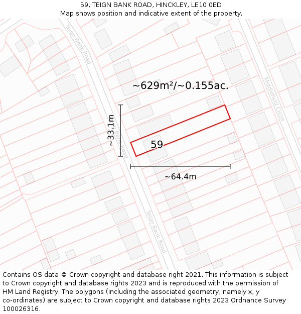 59, TEIGN BANK ROAD, HINCKLEY, LE10 0ED: Plot and title map