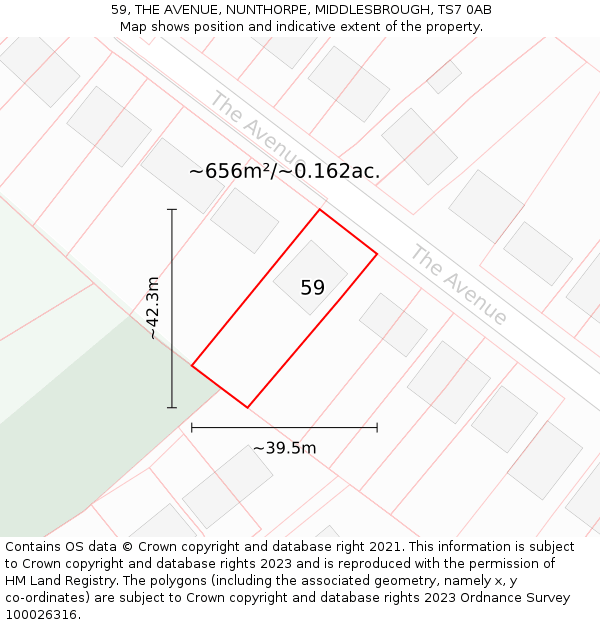 59, THE AVENUE, NUNTHORPE, MIDDLESBROUGH, TS7 0AB: Plot and title map