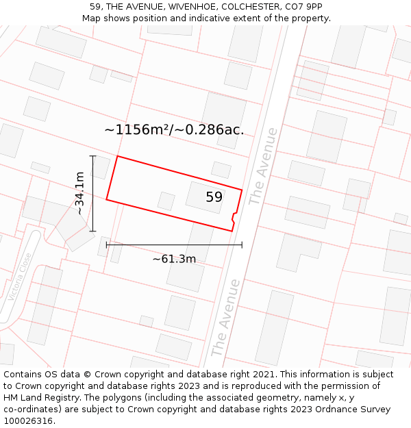 59, THE AVENUE, WIVENHOE, COLCHESTER, CO7 9PP: Plot and title map