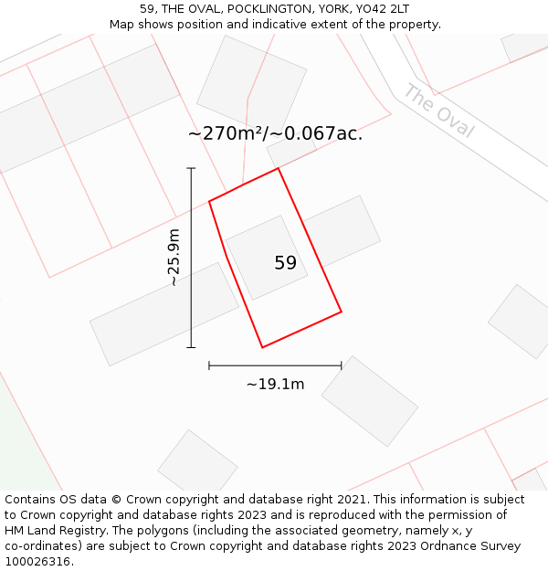 59, THE OVAL, POCKLINGTON, YORK, YO42 2LT: Plot and title map