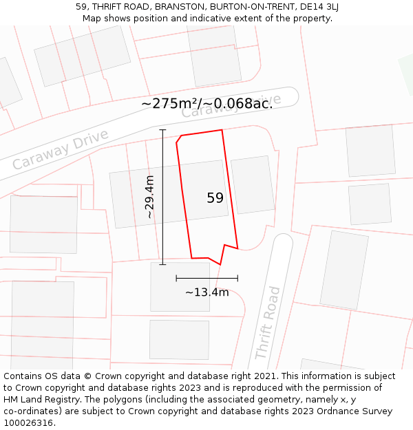 59, THRIFT ROAD, BRANSTON, BURTON-ON-TRENT, DE14 3LJ: Plot and title map