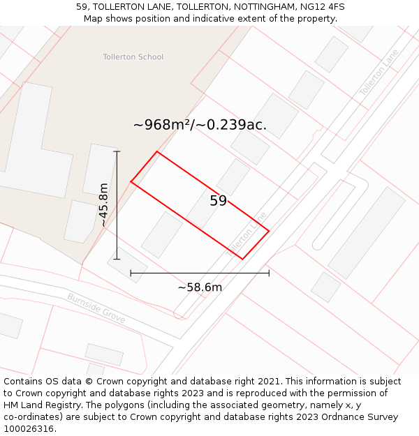 59, TOLLERTON LANE, TOLLERTON, NOTTINGHAM, NG12 4FS: Plot and title map