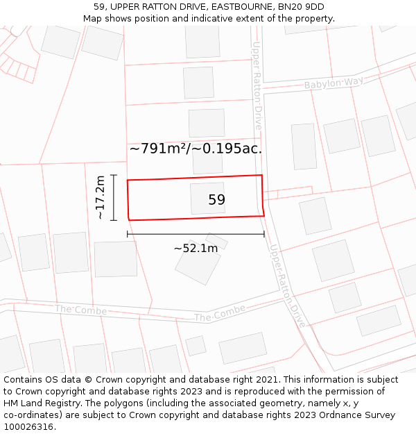 59, UPPER RATTON DRIVE, EASTBOURNE, BN20 9DD: Plot and title map
